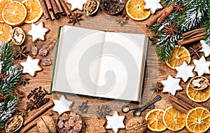 Christmas cookies, spices recipe book. Food background