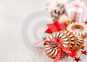 Christmas cookies wrapped with red ribbon
