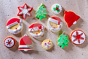 Christmas cookies Xmas tree Santa snowflake on recycled paper