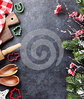 Christmas cooking utensils and snow tree