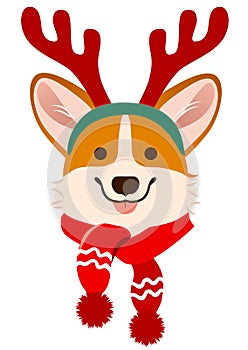 Christmas Corgi dog cute cartoon vector portrait. Pembroke Welsh