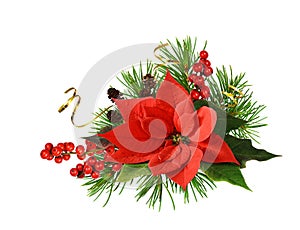 Christmas corner arrangement with red poinsettia flower , berries, cones and golden