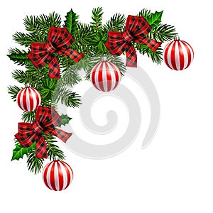 Christmas corner decoration with Christmas holly garland, red. Vector.