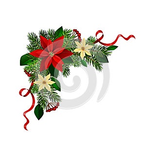 Christmas corner decoration with Christmas holly garland, red. Vector.