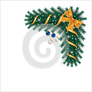 Christmas corner with golden ribbon and decoration ball. Xmas Corner with star lights and snowflakes. Christmas corner, Xmas