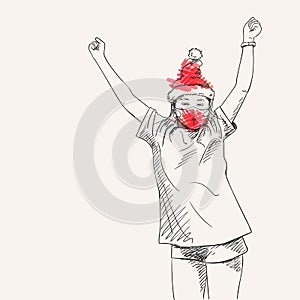Christmas at Coronavirus illustration. Dancing preteen girl in red face mask and santa hat, Happy celebrating Christmas
