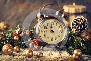 Christmas countdown to the new year. Clock and balls and fir spr