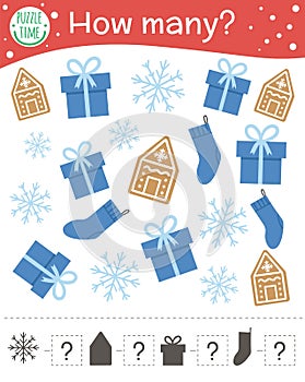 Christmas counting game with gingerbread, snowflake, present, stocking. Winter math activity for preschool children. How many