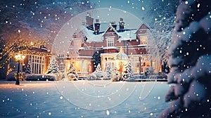 Christmas in the countryside manor, English country house mansion decorated for holidays on a snowy winter evening with