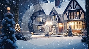 Christmas in the countryside manor, English country house mansion decorated for holidays on a snowy winter evening with