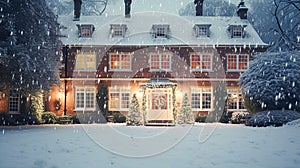 Christmas in the countryside manor, English country house mansion decorated for holidays on a snowy winter evening with