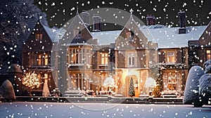 Christmas in the countryside manor, English country house mansion decorated for holidays on a snowy winter evening with