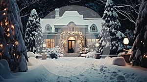 Christmas in the countryside manor, English country house mansion decorated for holidays on a snowy winter evening with