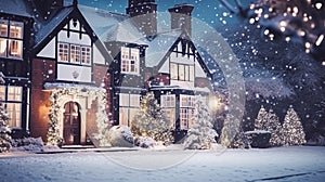 Christmas in the countryside manor, English country house mansion decorated for holidays on a snowy winter evening with