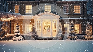 Christmas in the countryside manor, English country house mansion decorated for holidays on a snowy winter evening with