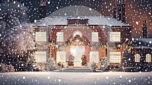 Christmas in the countryside manor, English country house mansion decorated for holidays on a snowy winter evening with