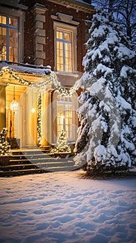 Christmas in the countryside manor, English country house mansion decorated for holidays on a snowy winter evening with