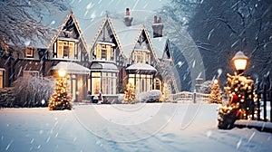 Christmas in the countryside manor, English country house mansion decorated for holidays on a snowy winter evening with