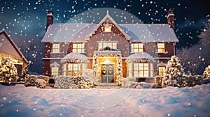 Christmas in the countryside manor, English country house mansion decorated for holidays on a snowy winter evening with