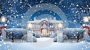 Christmas in the countryside manor, English country house mansion decorated for holidays on a snowy winter evening with