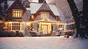 Christmas in the countryside manor, English country house mansion decorated for holidays on a snowy winter evening with