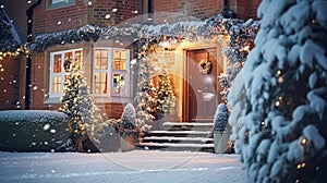 Christmas in the countryside manor, English country house mansion decorated for holidays on a snowy winter evening with