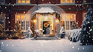 Christmas in the countryside manor, English country house mansion decorated for holidays on a snowy winter evening with