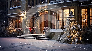 Christmas in the countryside manor, English country house mansion decorated for holidays on a snowy winter evening with