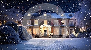 Christmas in the countryside manor, English country house mansion decorated for holidays on a snowy winter evening with