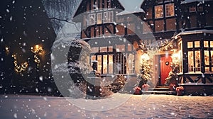 Christmas in the countryside manor, English country house mansion decorated for holidays on a snowy winter evening with