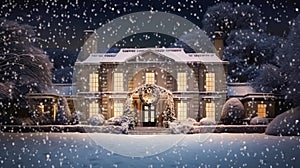 Christmas in the countryside manor, English country house mansion decorated for holidays on a snowy winter evening with