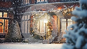 Christmas in the countryside manor, English country house mansion decorated for holidays on a snowy winter evening with