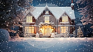 Christmas in the countryside manor, English country house mansion decorated for holidays on a snowy winter evening with