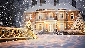 Christmas in the countryside manor, English country house mansion decorated for holidays on a snowy winter evening with snow and