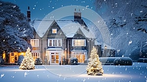 Christmas in the countryside manor, English country house mansion decorated for holidays on a snowy winter evening with snow and