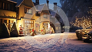 Christmas in the countryside manor, English country house mansion decorated for holidays on a snowy winter evening with snow and