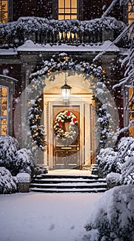 Christmas in the countryside manor, English country house mansion decorated for holidays on a snowy winter evening with snow and