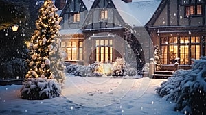 Christmas in the countryside manor, English country house mansion decorated for holidays on a snowy winter evening with snow and