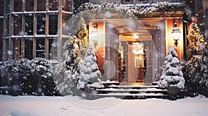 Christmas in the countryside manor, English country house mansion decorated for holidays on a snowy winter evening with snow and