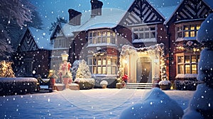 Christmas in the countryside manor, English country house mansion decorated for holidays on a snowy winter evening with snow and