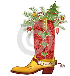 Christmas cowboy boot.Luxury shoe isolated on whit