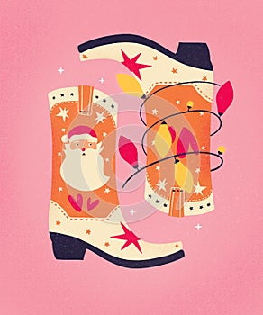 Christmas cowboy boots with Santa Claus and Christmas lights on pink background. Cute festive winter holiday greeting card