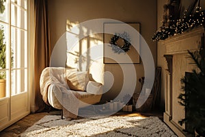 Christmas cozy corner with wreath and soft lighting