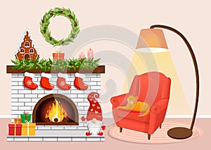 Christmas cozy home interior with fireplace, armchair, cat, and lamp. Scandinavian and hygge style. Vector illustration