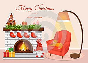 Christmas cozy home interior with fireplace, armchair, cat, and lamp. Scandinavian and hygge style. Vector illustration