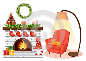 Christmas cozy home interior with fireplace, armchair, cat, and lamp. Scandinavian and hygge style. Vector illustration