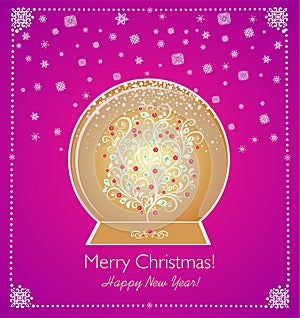 Christmas craft greeting card in magenta color with golden globe and magic decorative white tree with red berries.