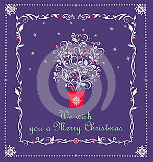 Christmas craft violet greeting card with magic decorative tree with red berries and holly