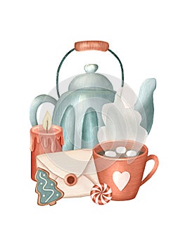 Christmas crayon composition with teapot, mug with cocoa, marshmallows for card, print