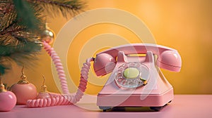 Christmas creative layout with old fashion pink telephone handsets with fir branch on pastel background.